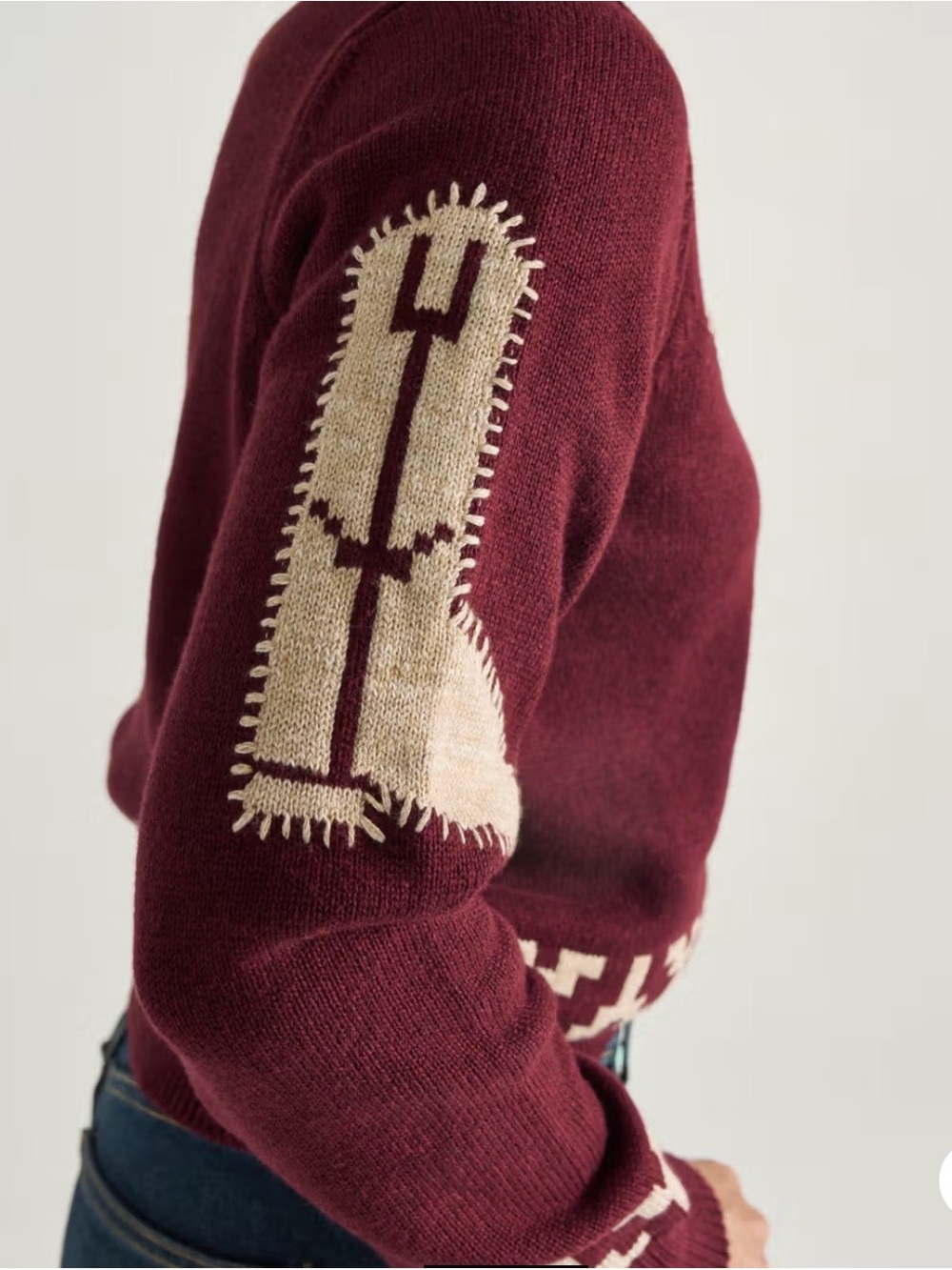 Tecovas Burgundy Crewneck Sweater with Cream Southwestern Accents - Picture 4 of 9